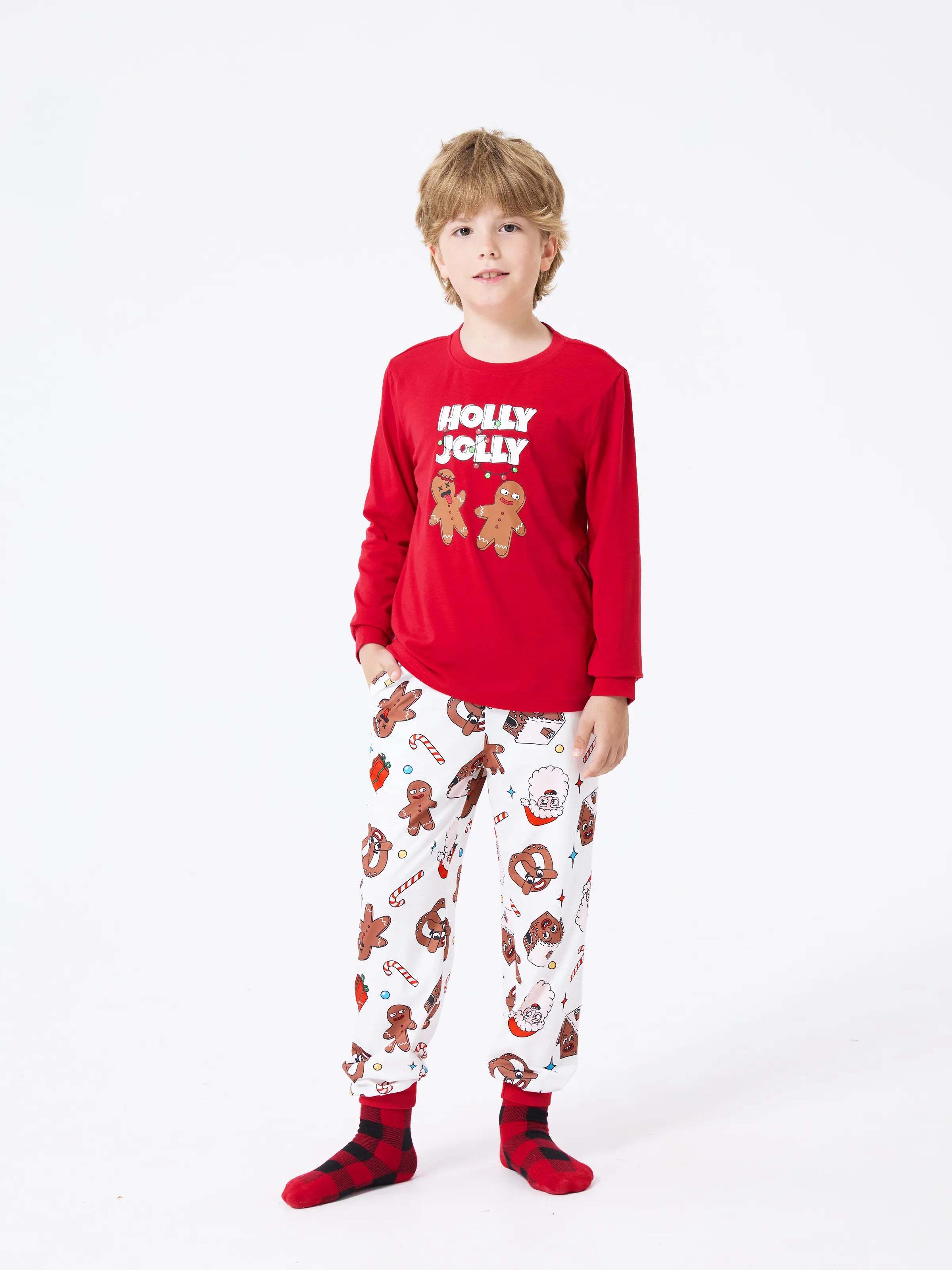 Christmas Matching Family Pajamas Set Gingerbread and Santa PJS with Christmas Socks Red