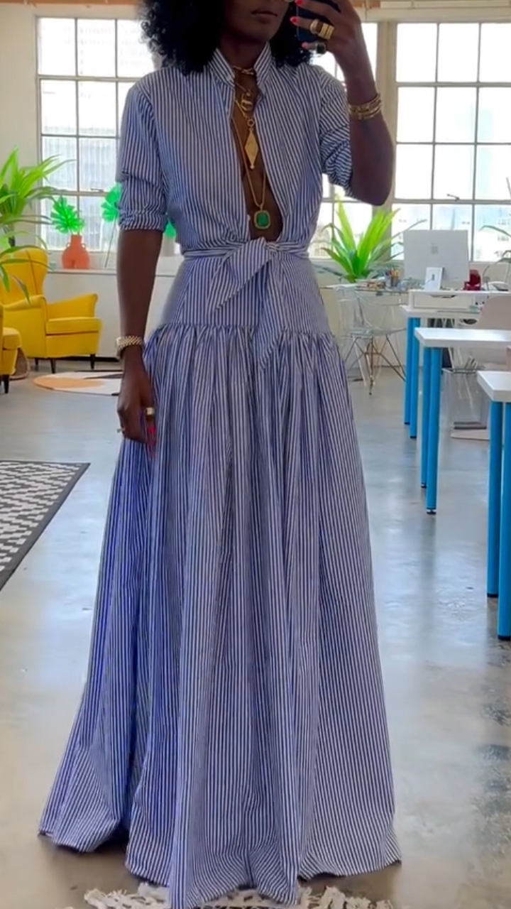 Women's Stand Collar Striped Fishtail Dress