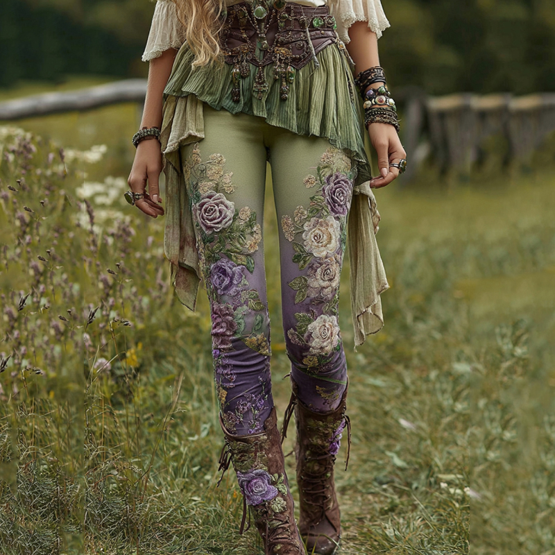 Vintage Purple Lavender And Floral Embroidered Casual Leggings