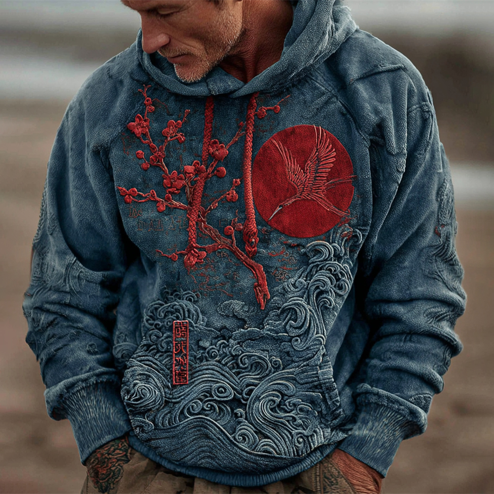 Japanese Plum & Ocean Art Men's Hooded Sweatshirt