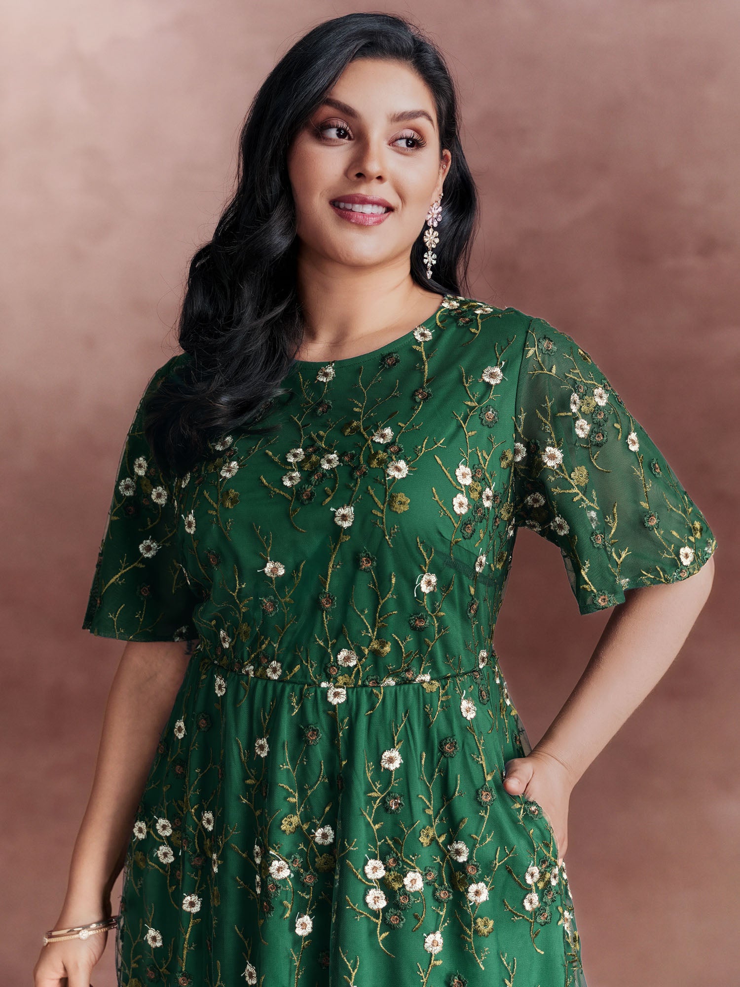 Floral Embroidered Mesh Midi Dress