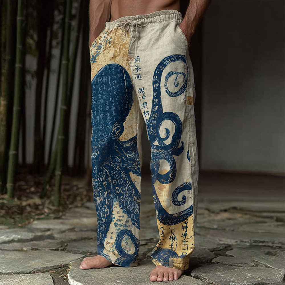 Vintage Japanese-style Octopus Tie-dye Patchwork Distressed Cotton Linen Pants