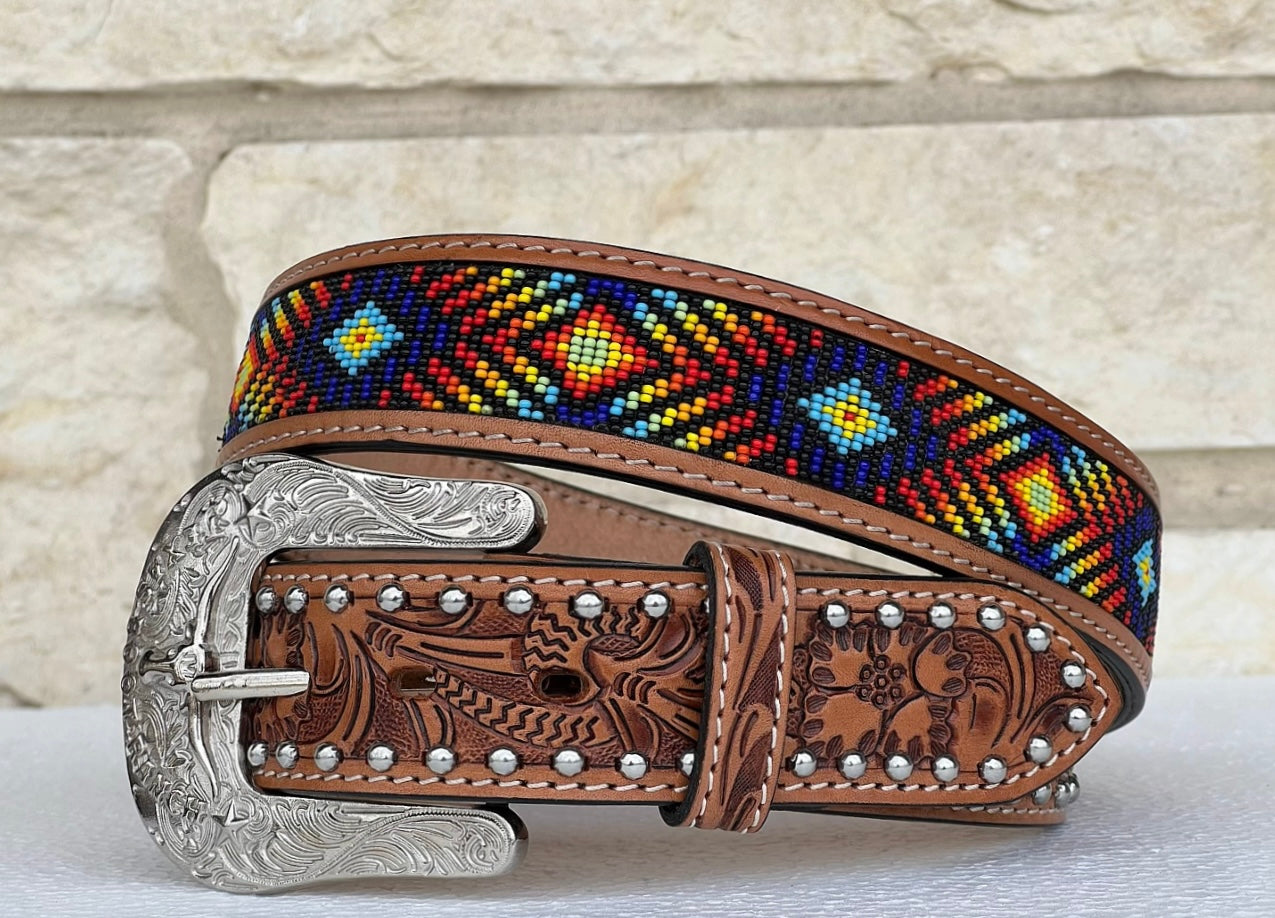 Honey Hand-Tooled Artesanal Beaded Leather Belt