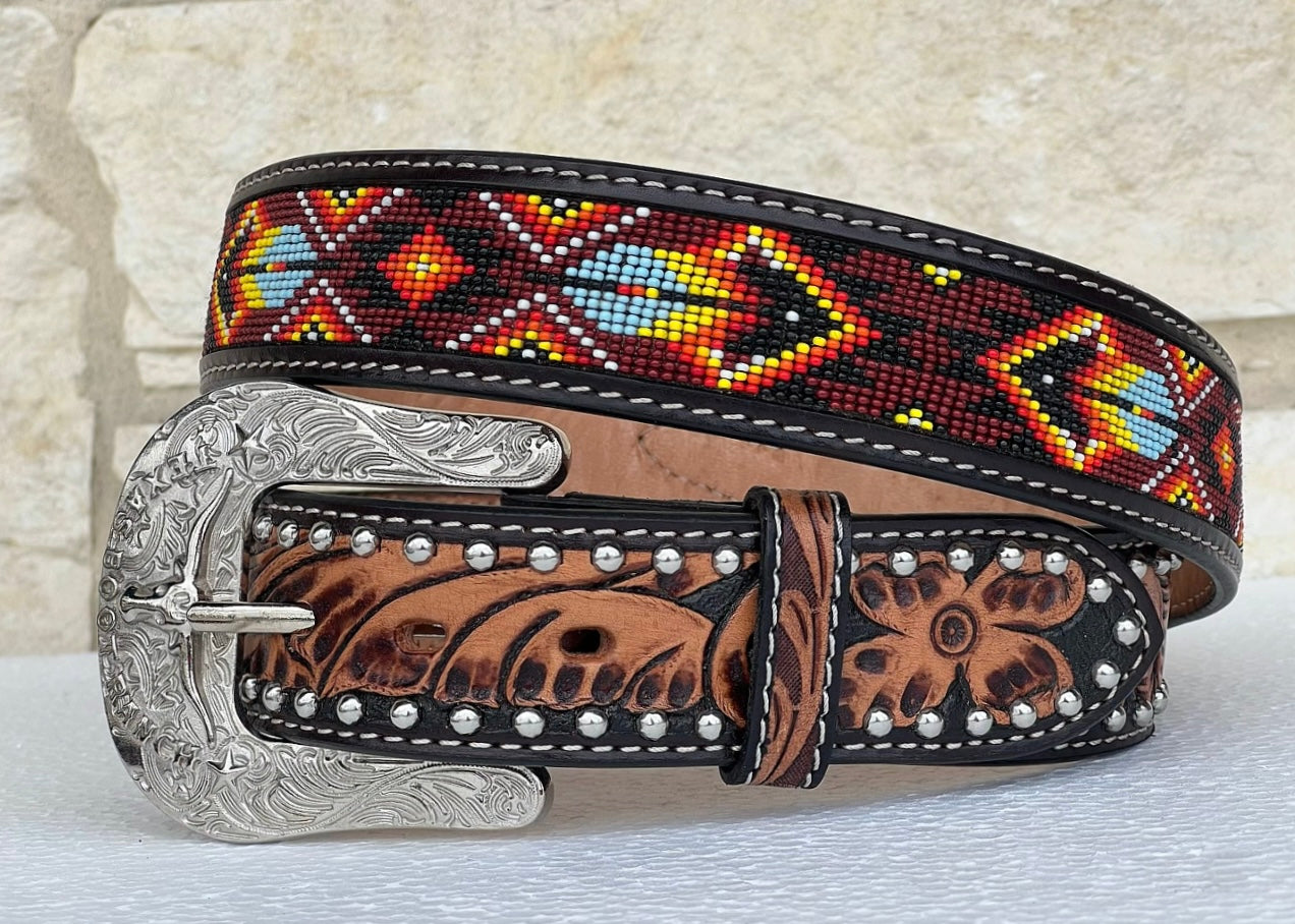 Hand-Tooled Artesanal Beaded Leather Belt