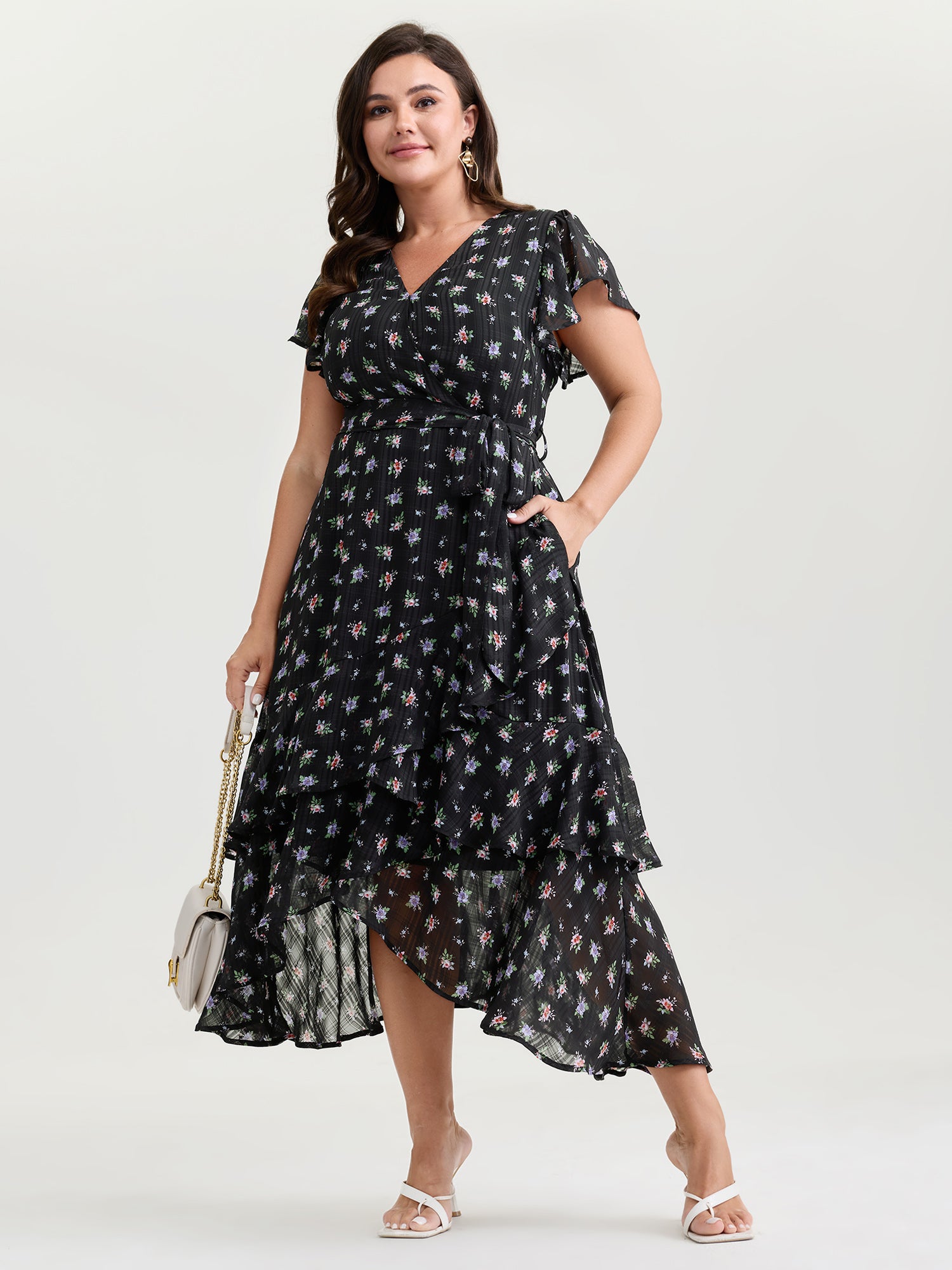 Floral Print Waist-Tie High Low Hem Midi Dress