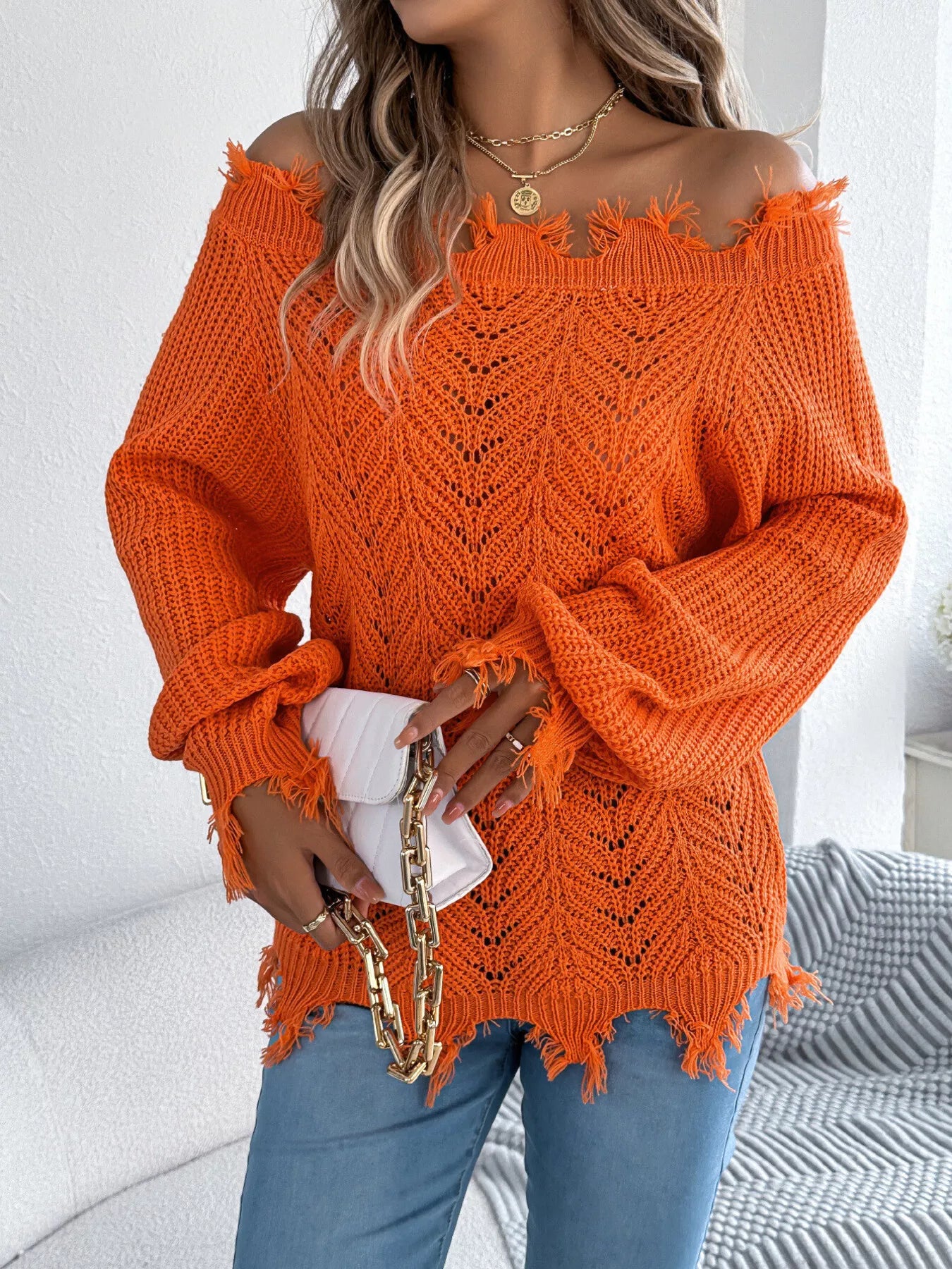 Distressed Hem Openwork Off-Shoulder Sweater