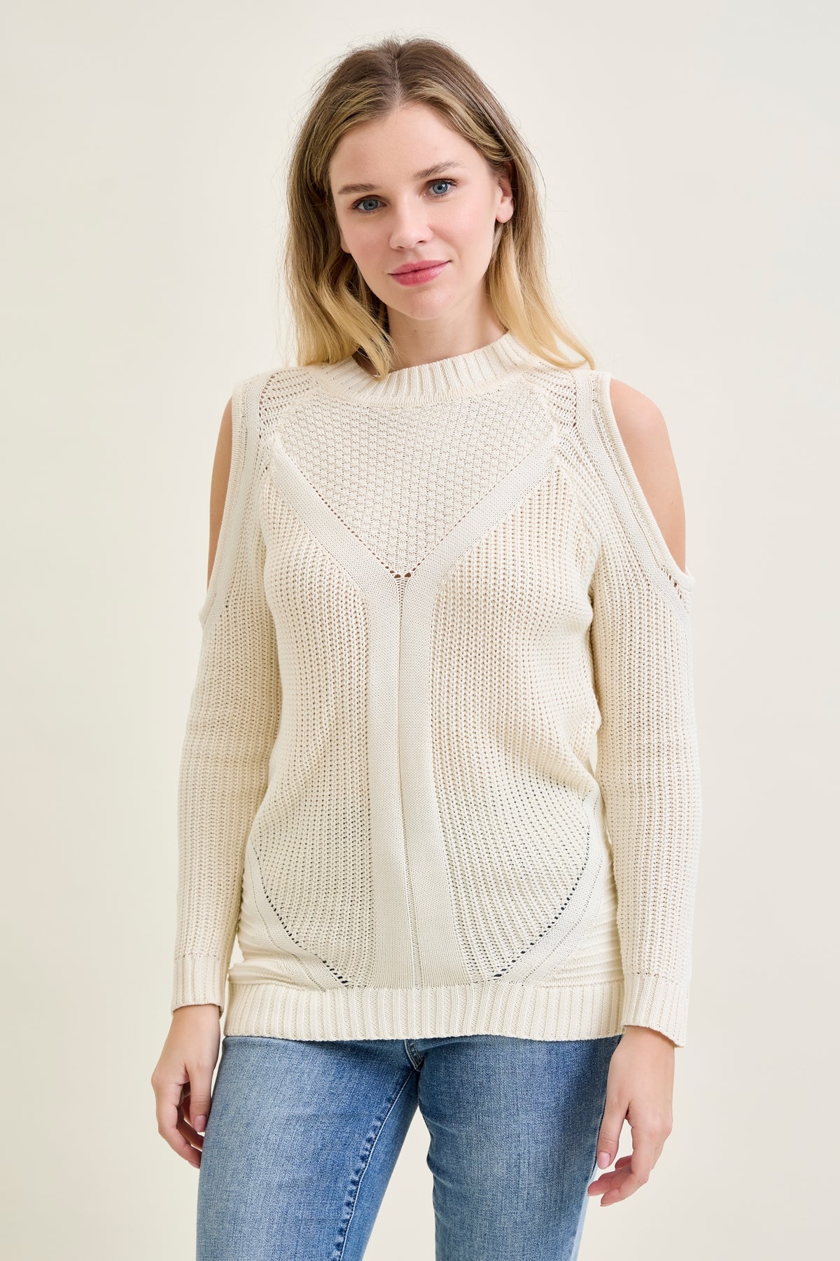 Cold Shoulder Cable Pullover White Sweater
