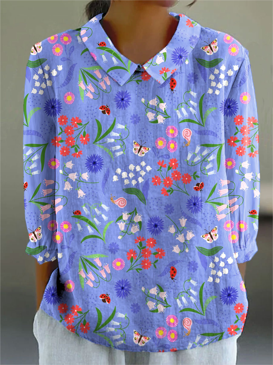 Women's Vintage Colorful Floral Pattern Art Print Casual Cotton And Linen 3/4 Sleeve Shirt
