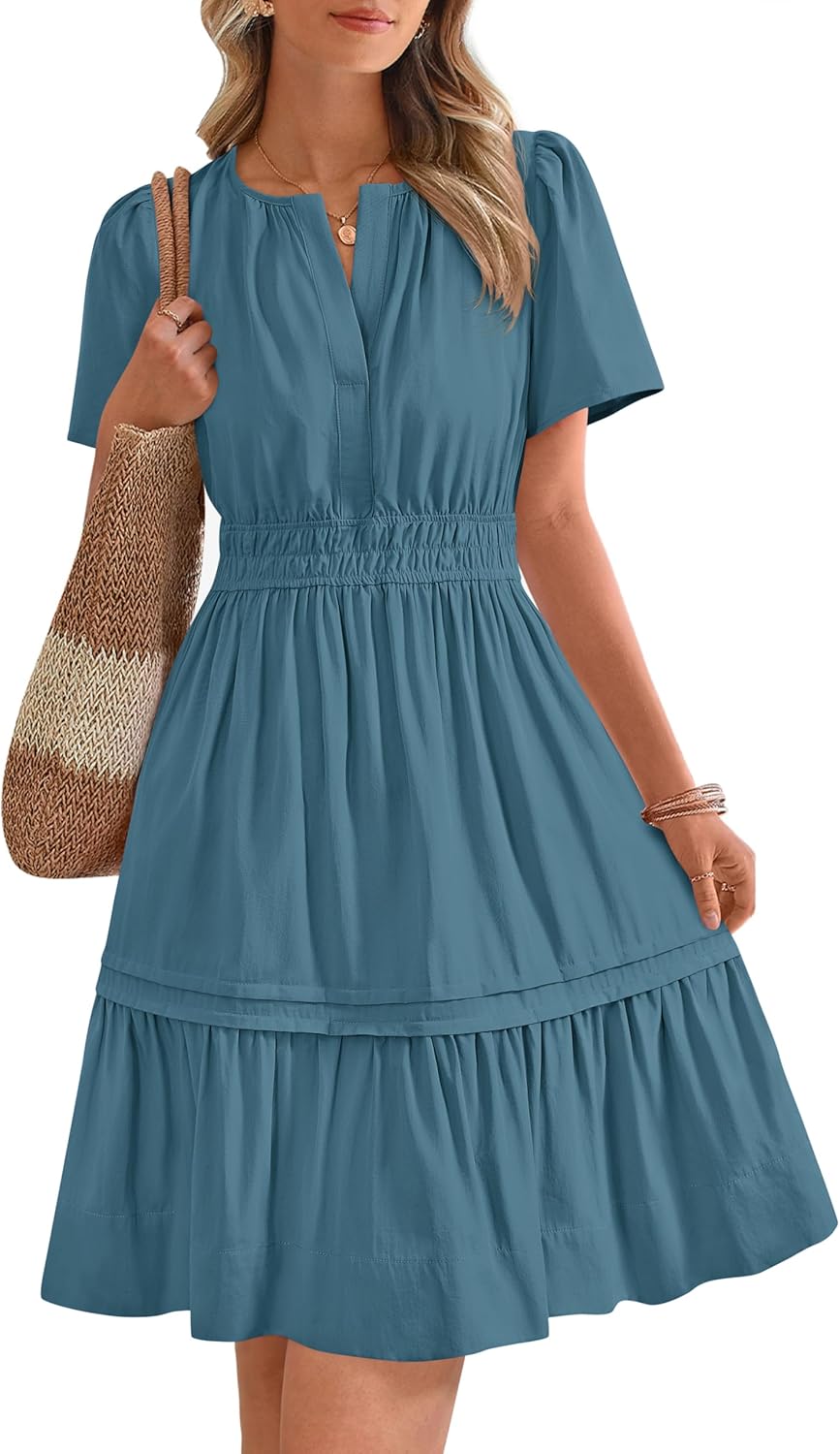 Women's Casual Dresses 2025 Summer Spring V Neck Short Sleeve Sundress Smocked Waist A Line Tiered Mini Dress
