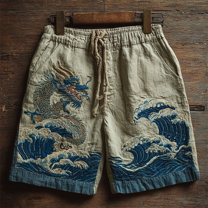 Japanese Dragon & Sea Waves Embroidered Linen Shorts