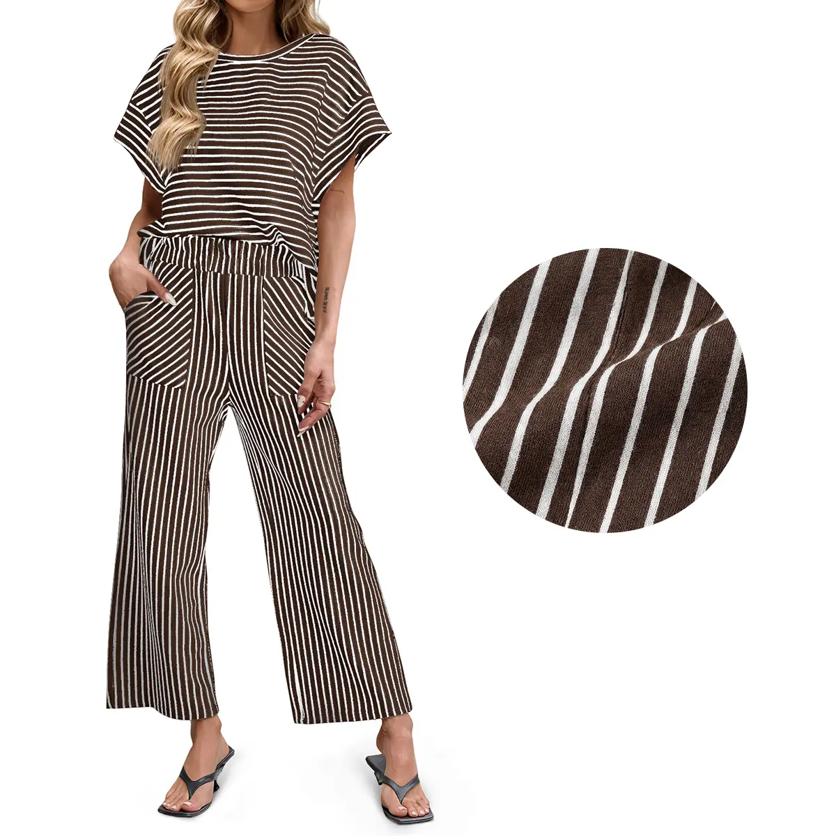 Womens Striped 2 Piece Sets Short Sleeve T Shirts Wide Leg Pants Matching Lounge Set with Pockets