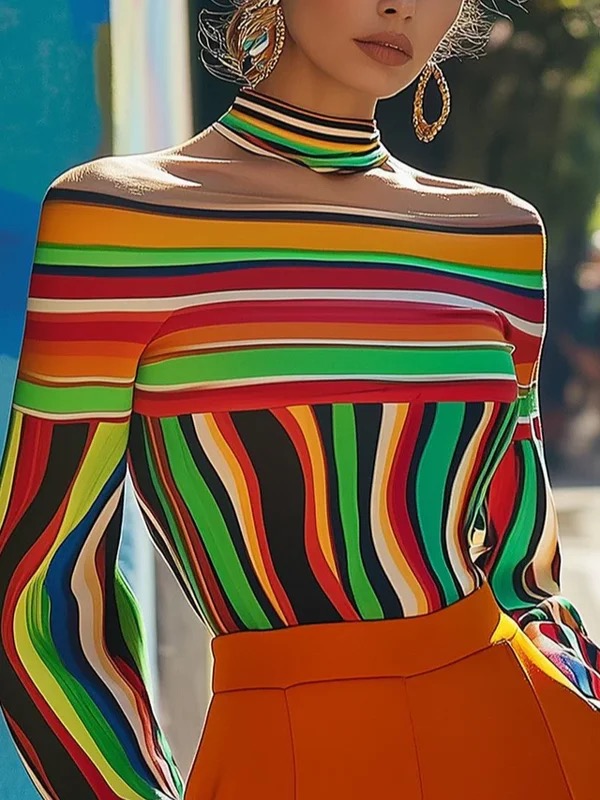 Long Sleeves Loose Contrast Color Striped Halter-Neck T-Shirts Tops