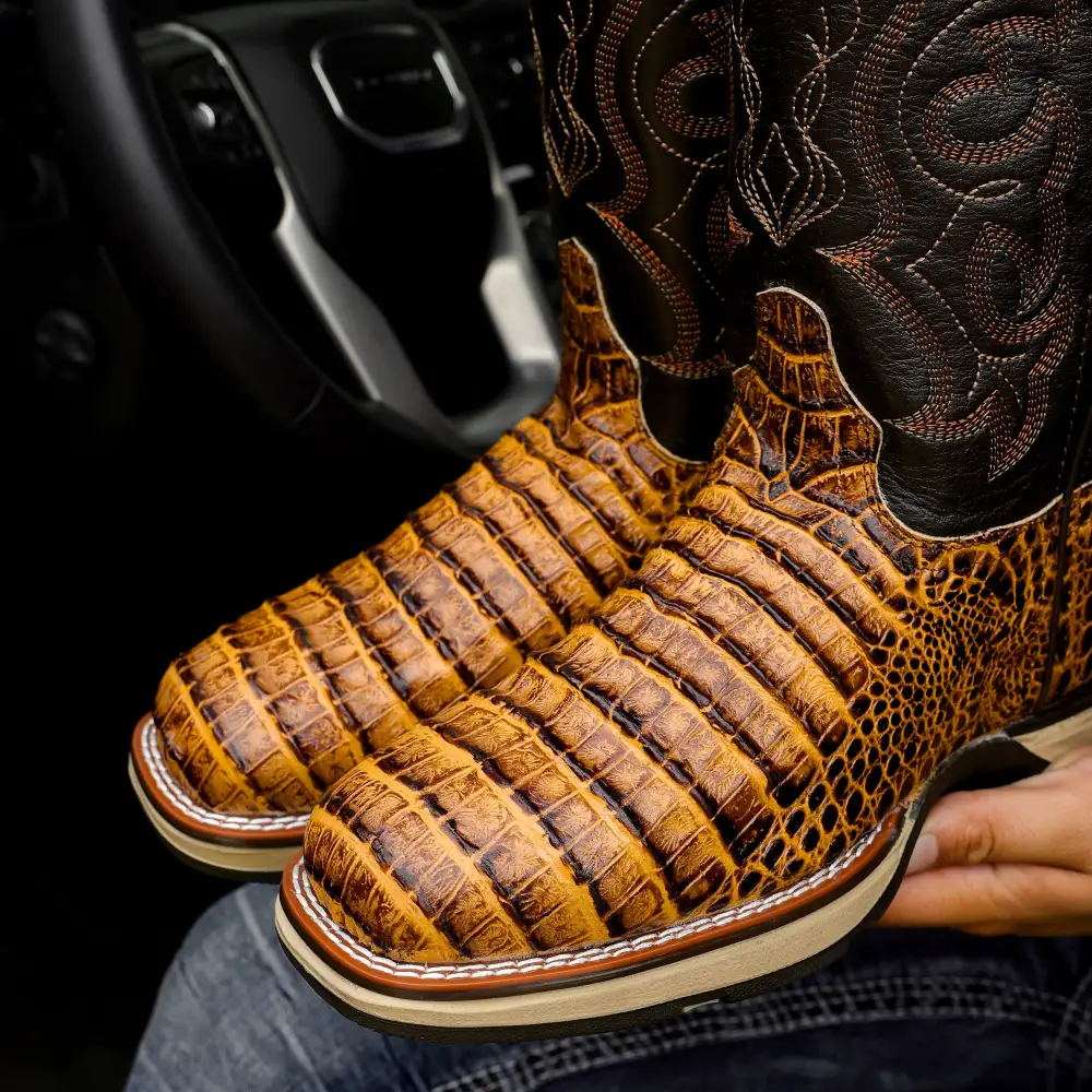 Honey Caiman Belly Leather Boots With 3D Lightweight Sole - Composite Toe