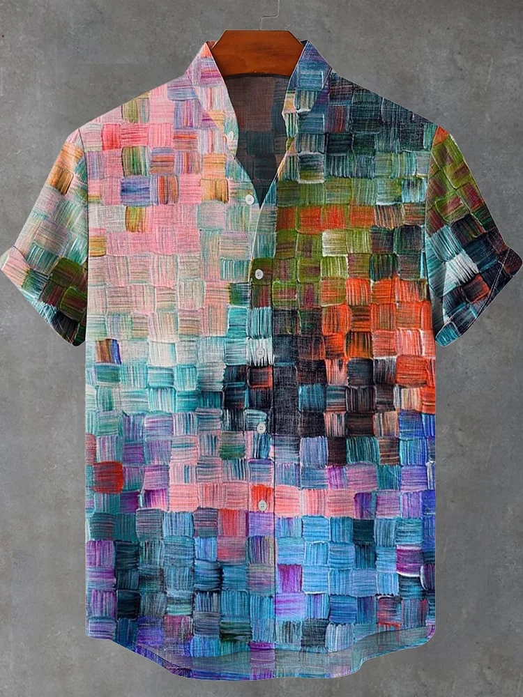 Oil Painting Style Lattice Vintage Art Print Casual Cotton Linen Shirt