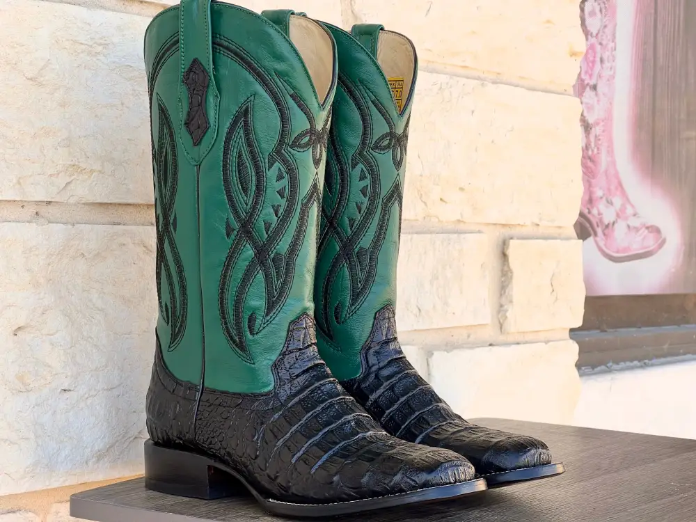 Men’s Black Crocodile Leather Boots With Green Shaft