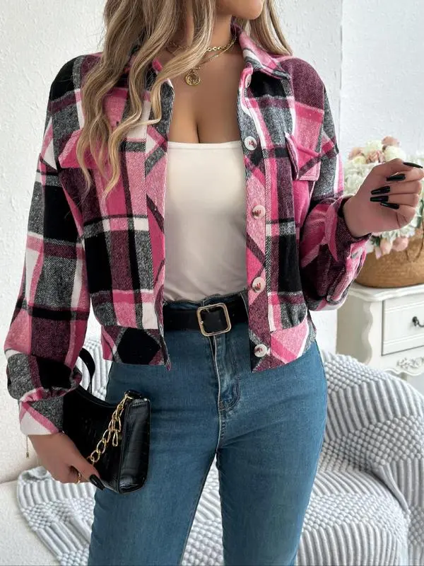 Women's Plaid Print Button Front Drop Shoulder Jacket