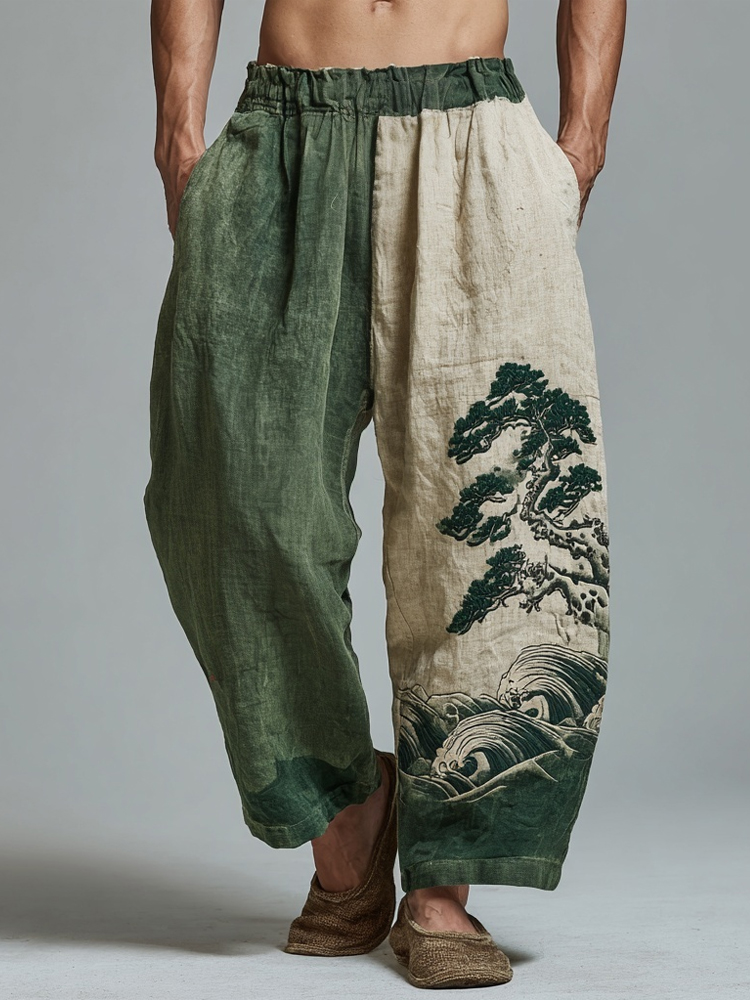 Men's Japanese Waves & Pine Embroidered Contrast Color Linen Pants