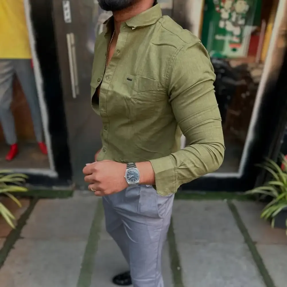 Men'S Solid Color Cotton And Linen Casual Shirt