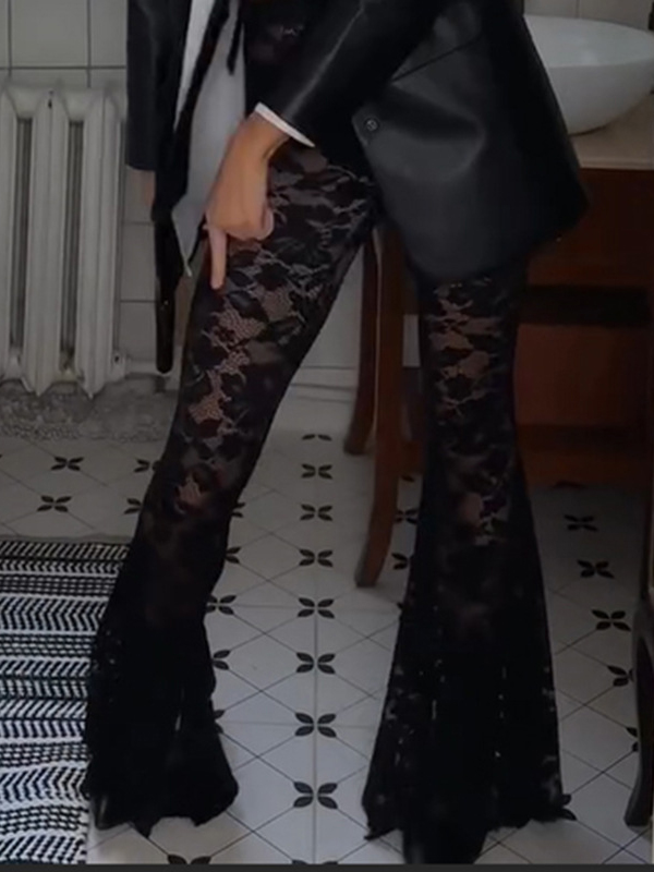 Lace See-Through High Waist Flared Pants In Black