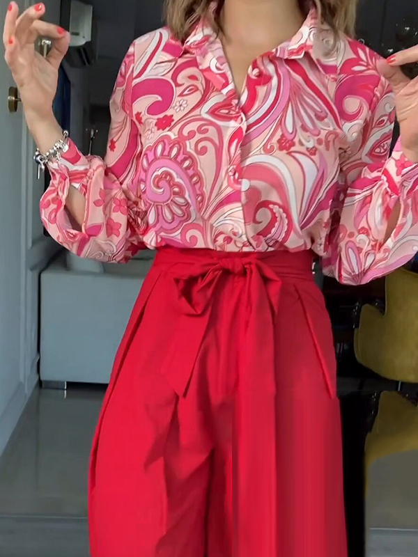 Printed Buttoned Lapel Blouse + Tied Waist High Waisted Wide Leg Pants Two Pieces Set