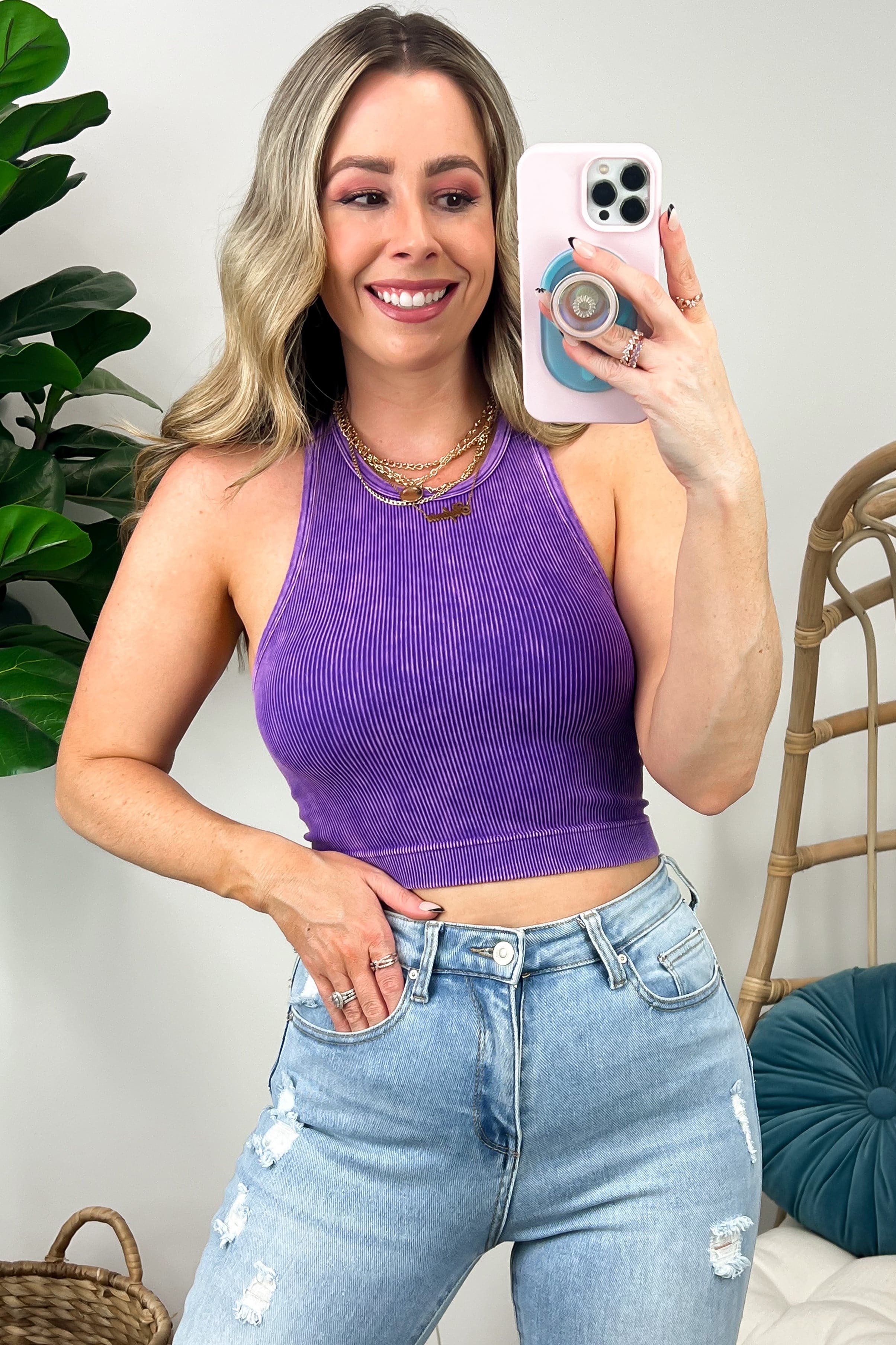 Washed Ribbed High Neck Cropped Tank Top