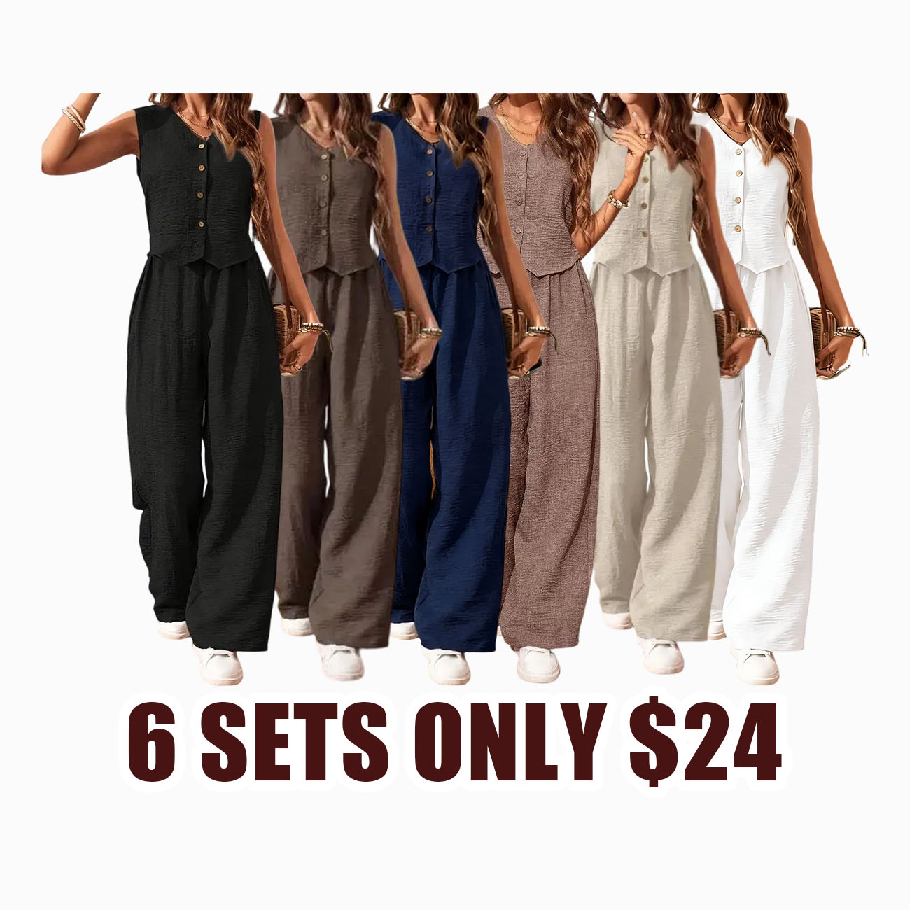 Women's 2 Piece Vest and Pants Set, Casual Button Down Waistcoat and Wide Leg Pants Matching Outfit