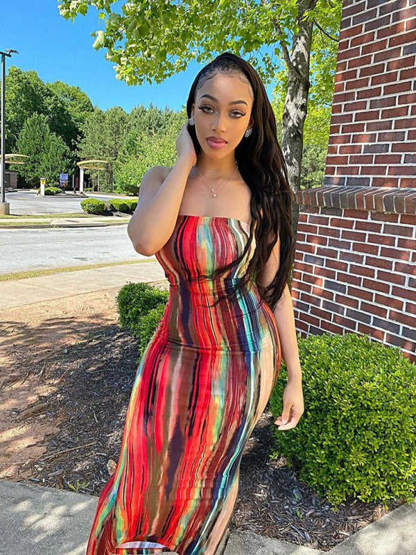 Tie-Dye Off-Shoulder Tube Top Bodycon Maxi Dress