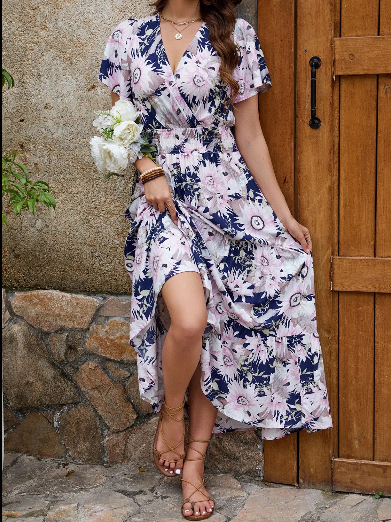 Floral Print Surplice Midi Dress