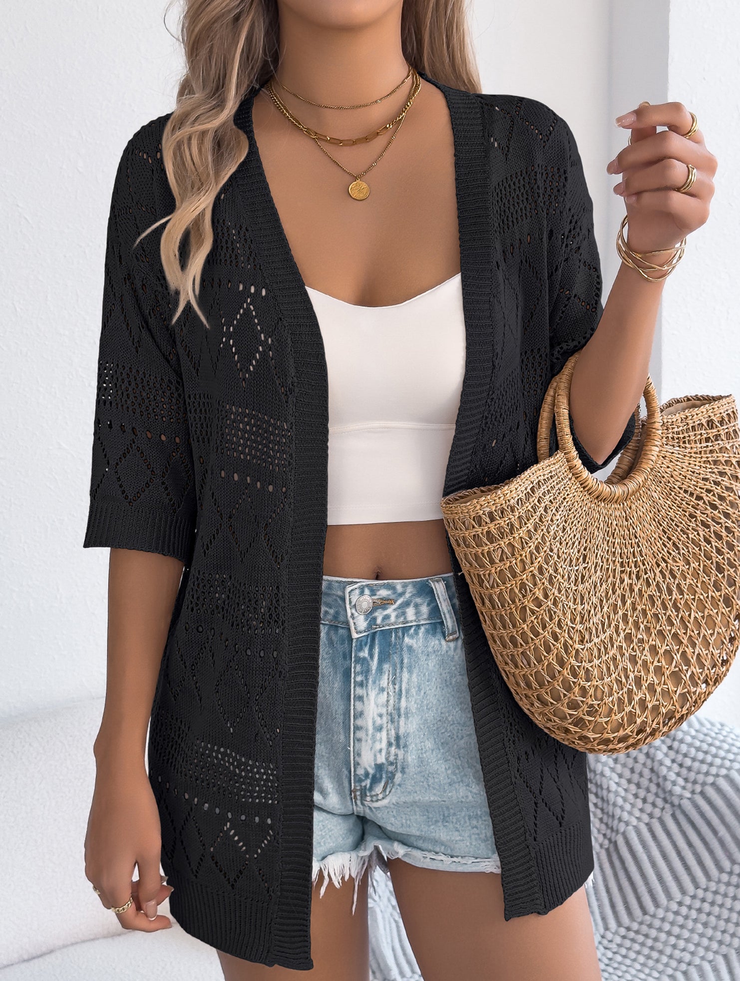 Solid Hollow Mid Sleeve Knit Cardigan