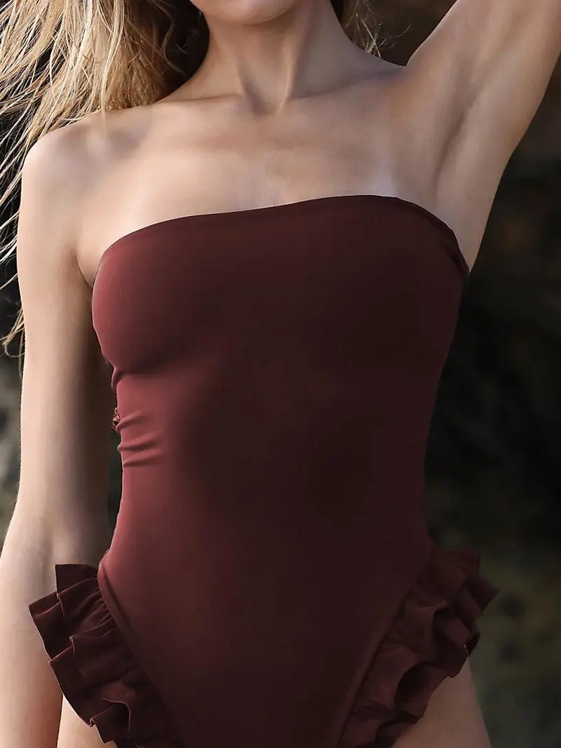Ladies' thin shoulder straps square neckline ruffled swimsuit