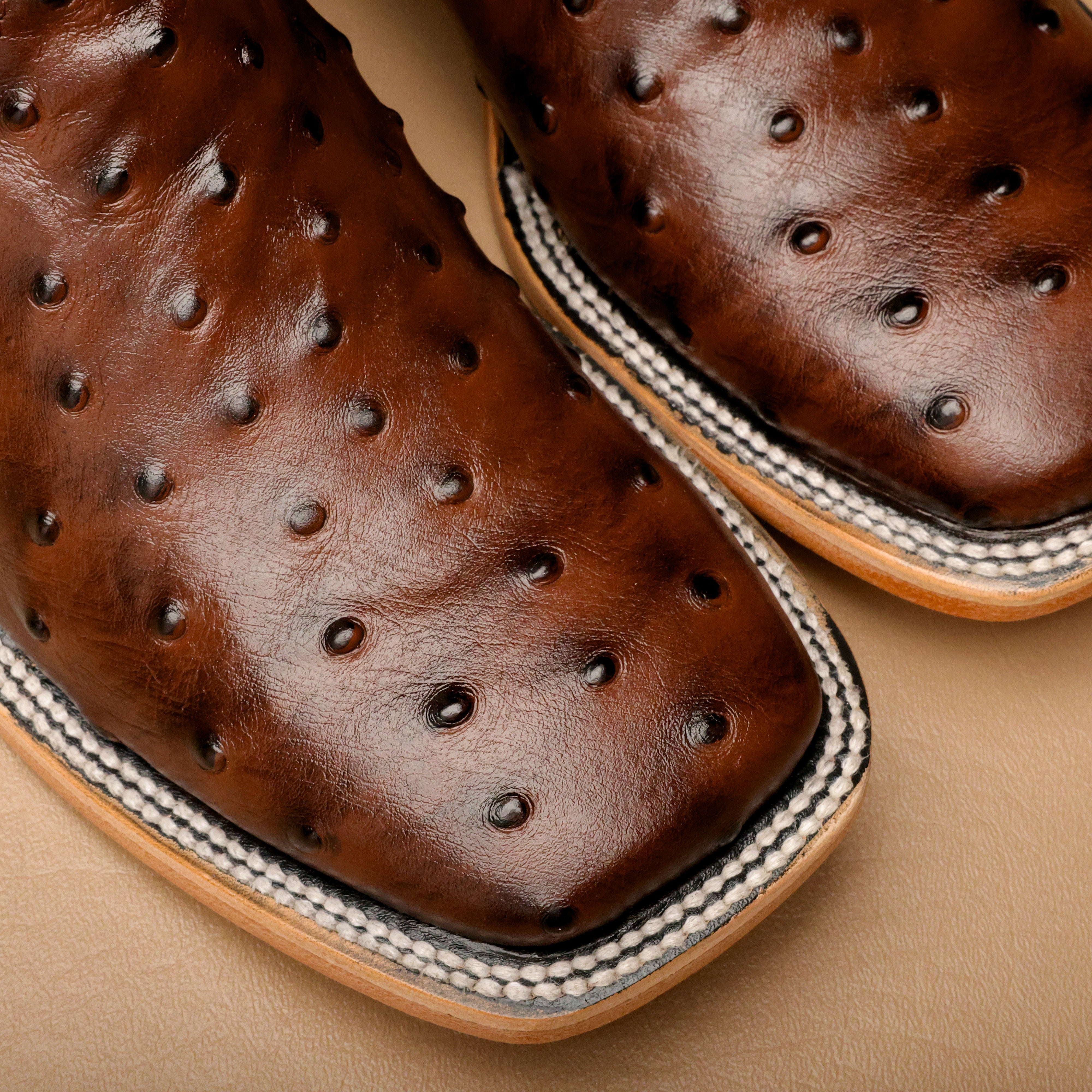 Chocolate Brown Ostrich Leather Boots - Square Toe