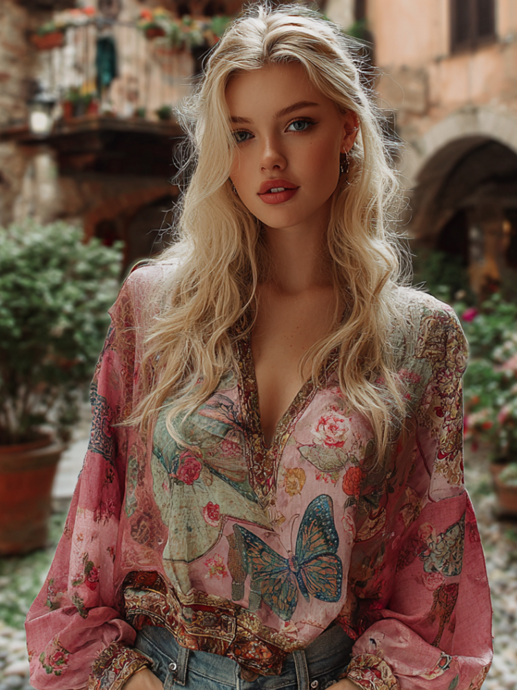 Women's Butterfly And Rose Art Pink Lightweight V-neck Top