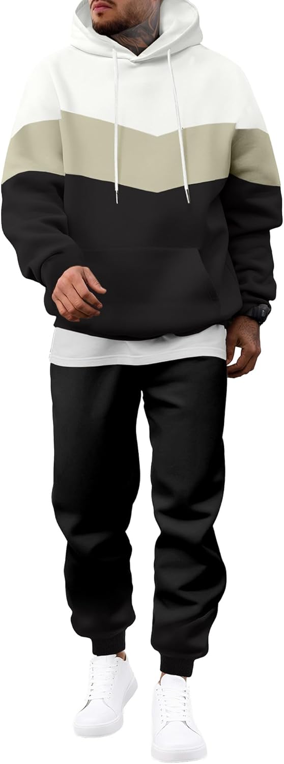 Men's Hoodie Tracksuit 2 Pieces Set Novelty Color Block Pullover Fleece Hoodies Long Sleeve Casual Sweatshirt