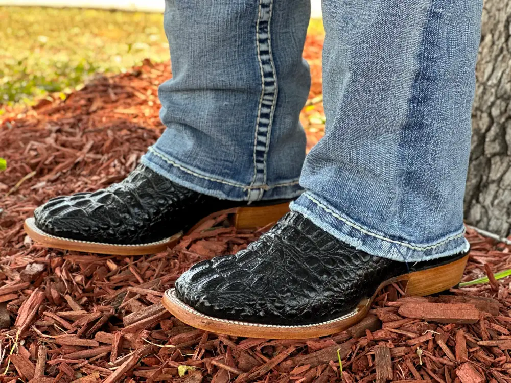 Men’s Black Crocodile Leather Boots With Turquoise Shaft