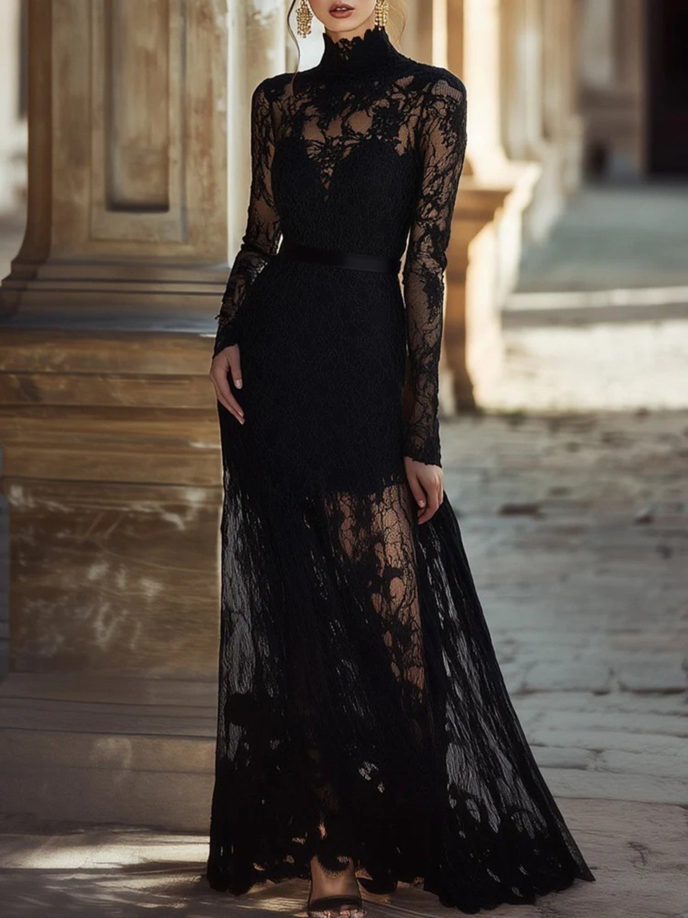 Lace High Neck Long Sleeve Maxi Dress