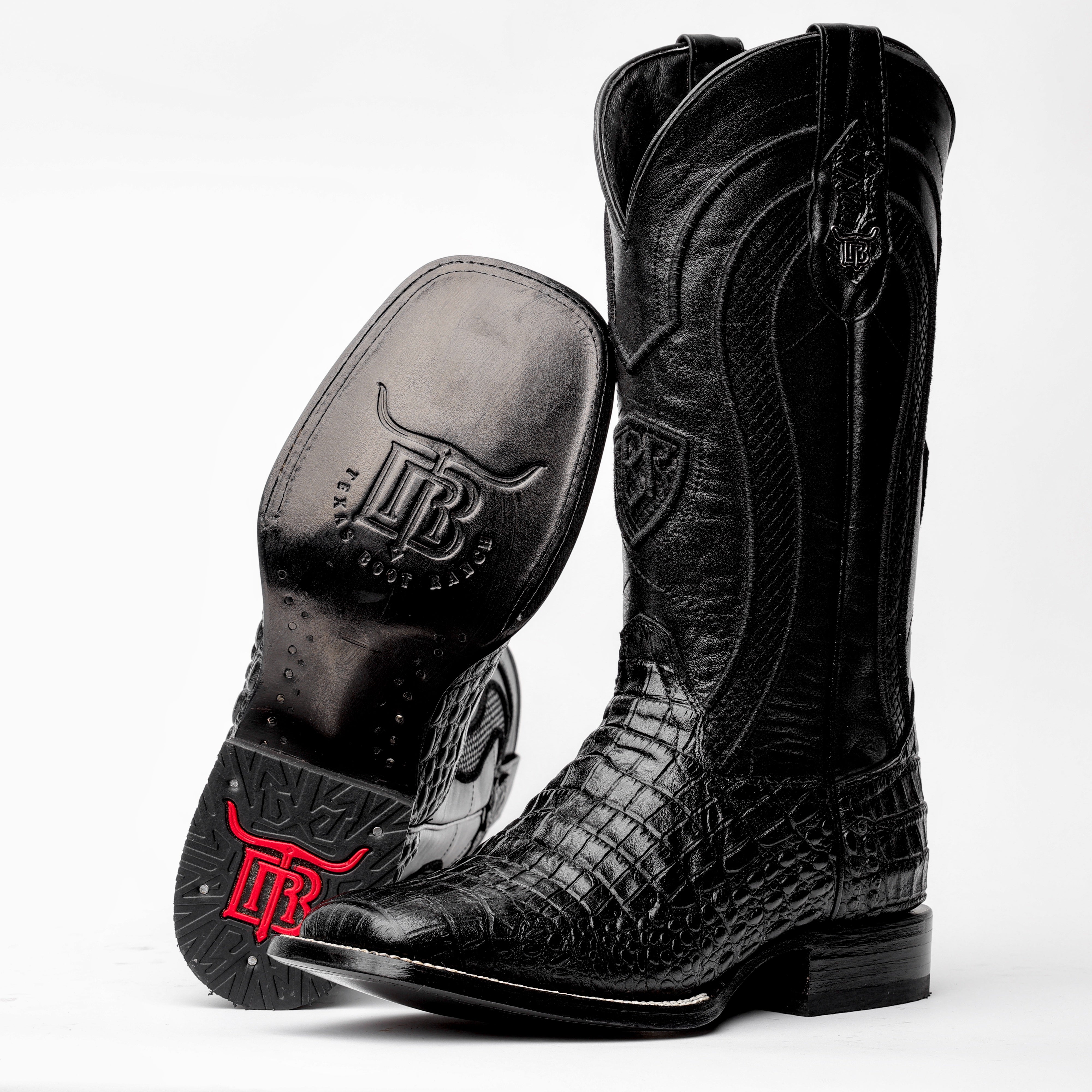 Total Black Caiman Belly Leather Boots - Square Toe