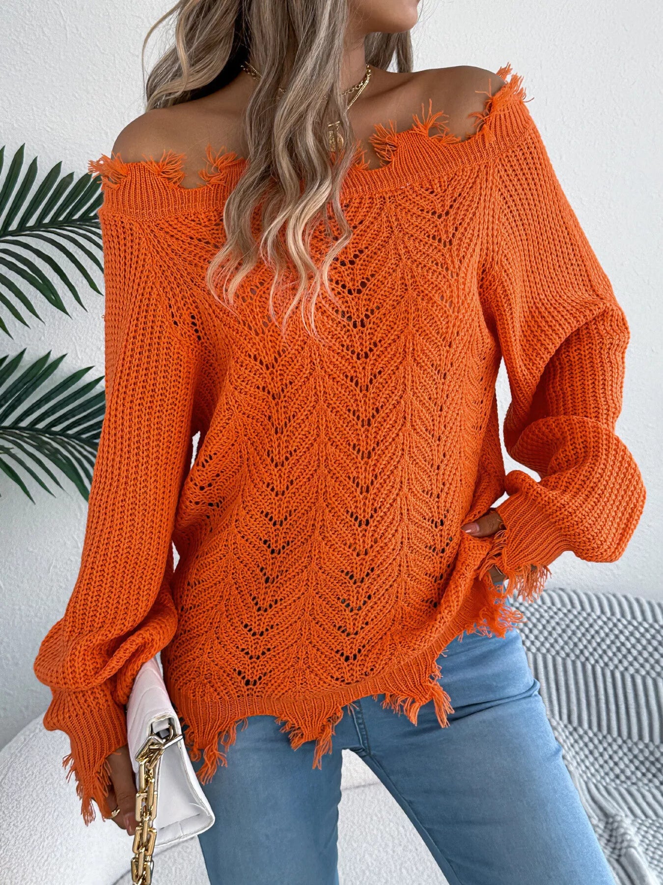 Distressed Hem Openwork Off-Shoulder Sweater
