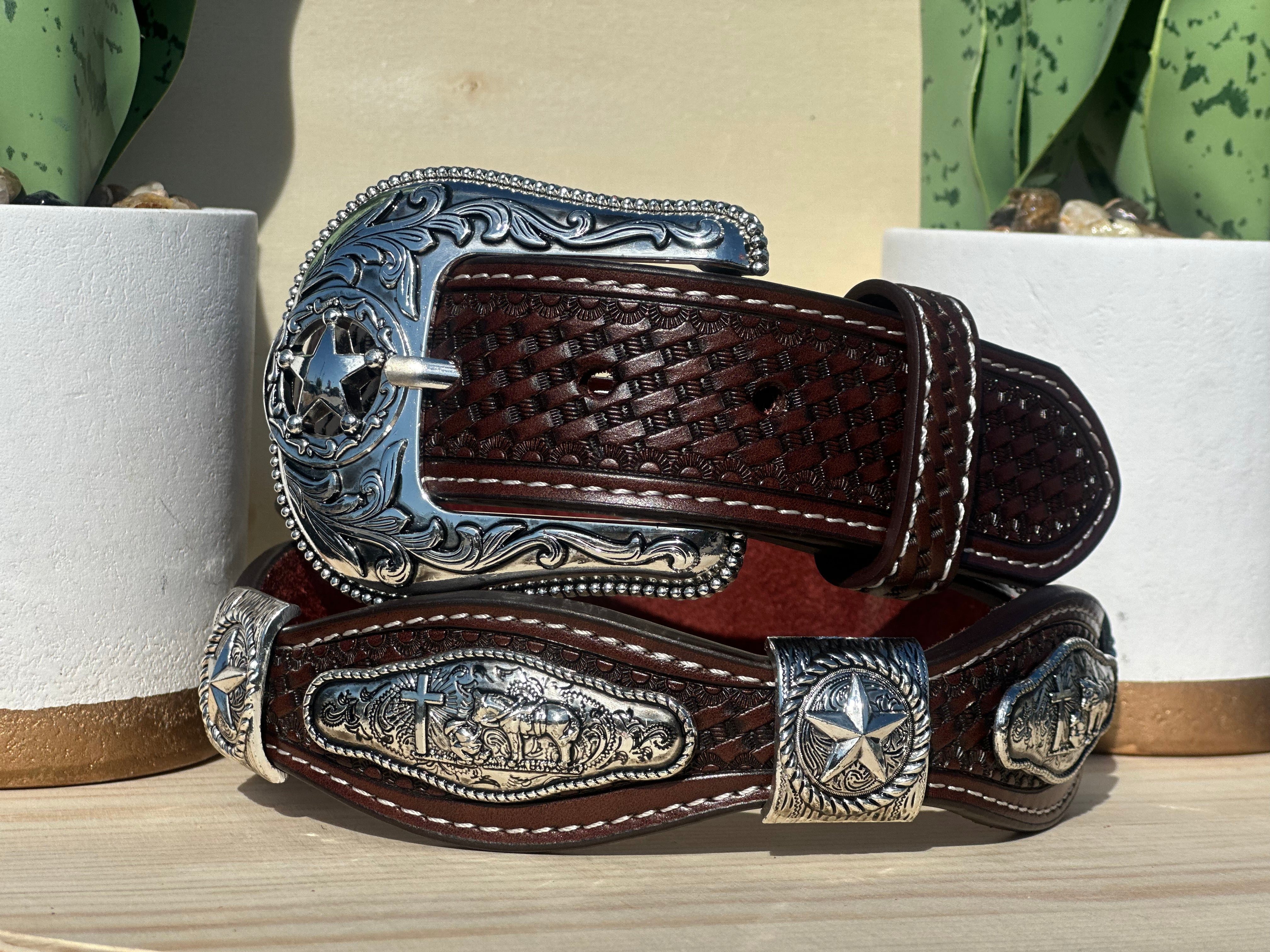 Men’s Brown Leather Belt With Praying Cowboy Concho