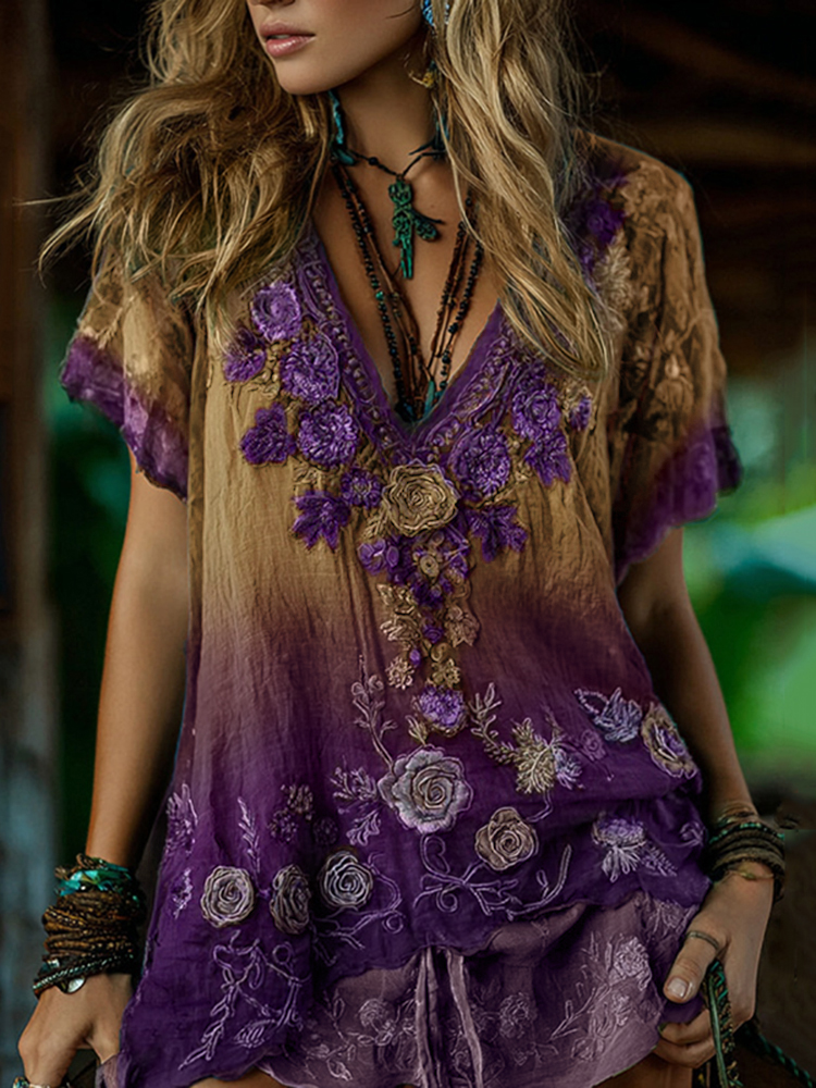 Classy Blue Rose And Floral Embroidered Linen V Neck Short Sleeve T-shirt