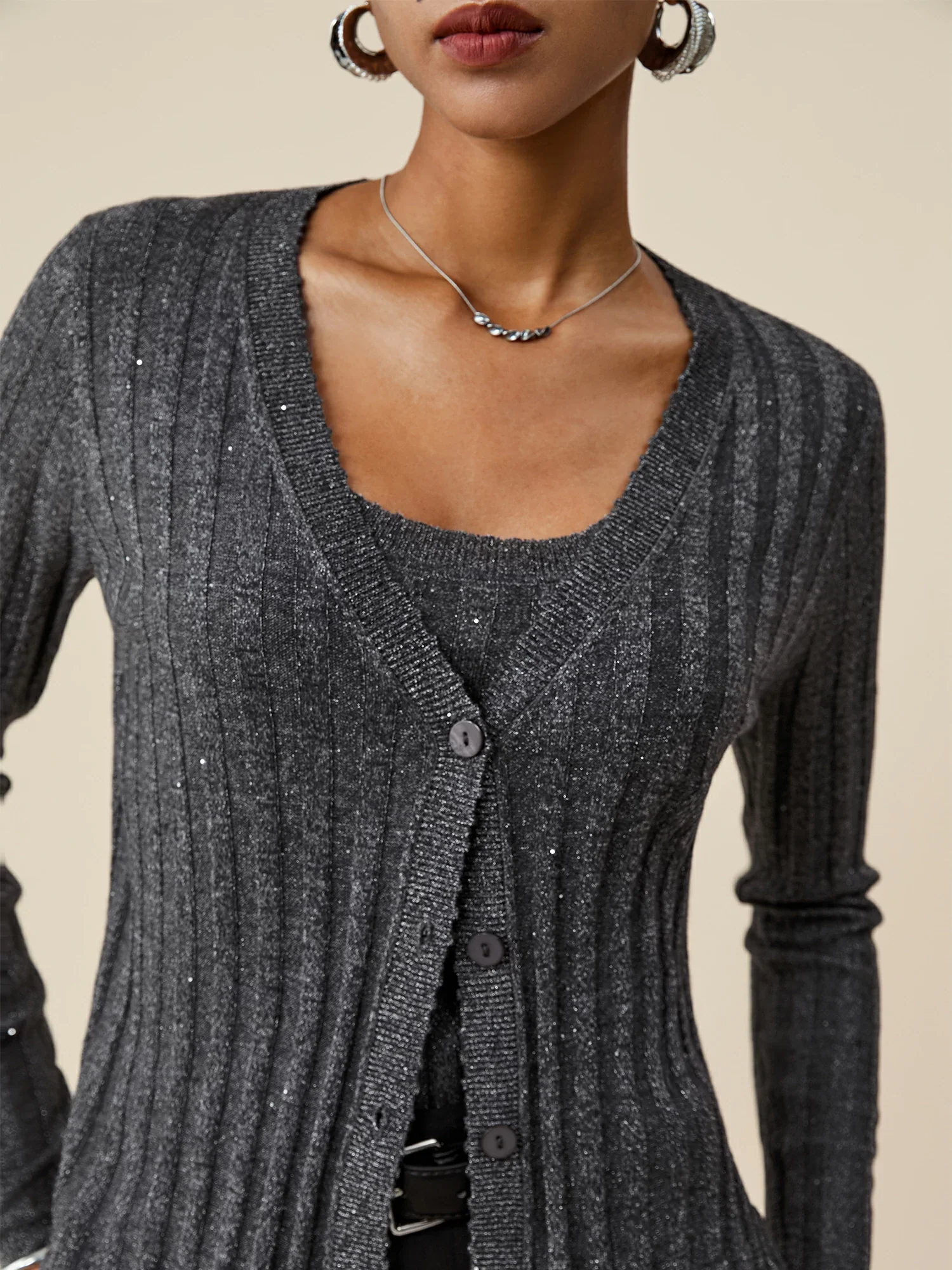 Wool V-Neck Long-Sleeved Sequin Knitted Cardigan
