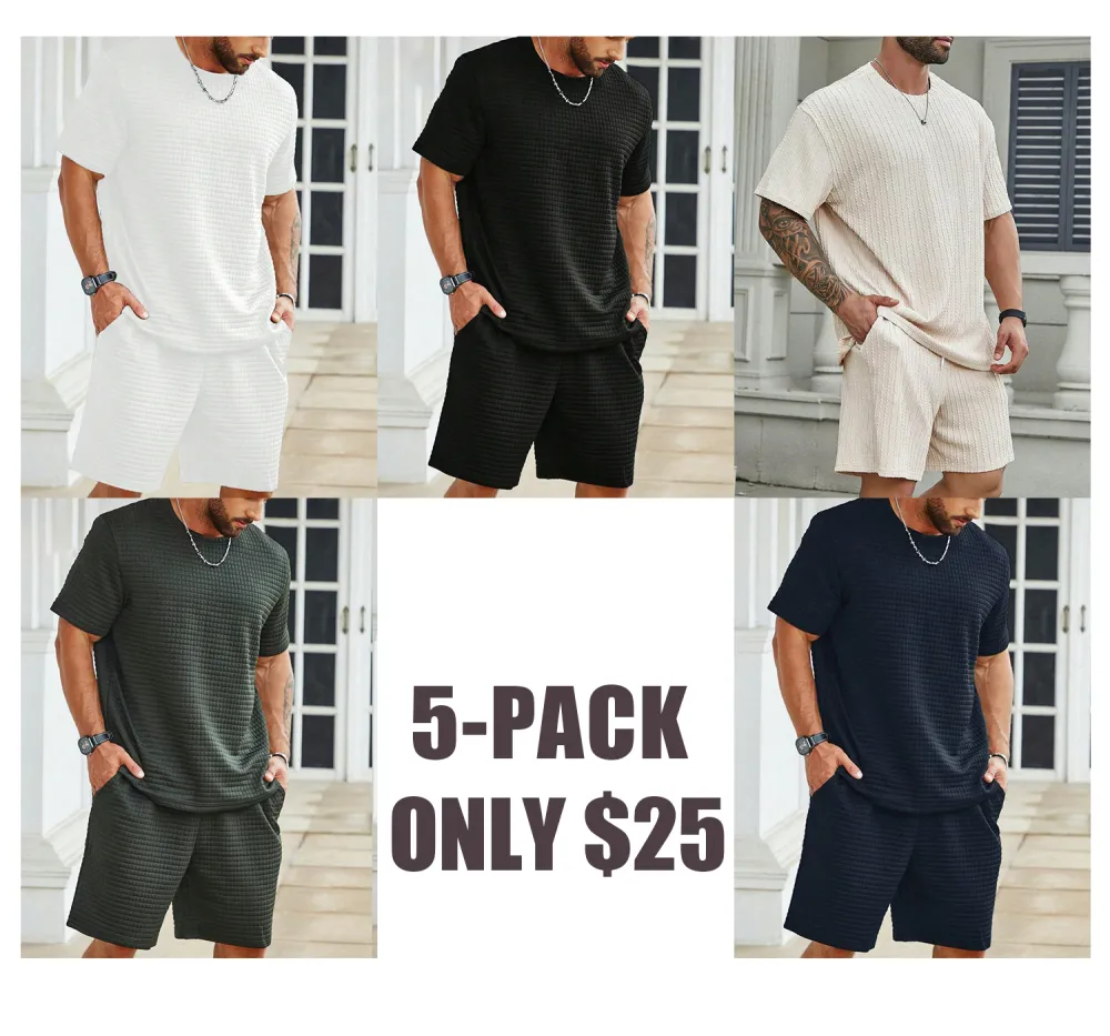 Plus Size Men's Summer 2-Piece Set – Waffle Knit Tee & Pocket Shorts | Casual Regular Fit Outfit