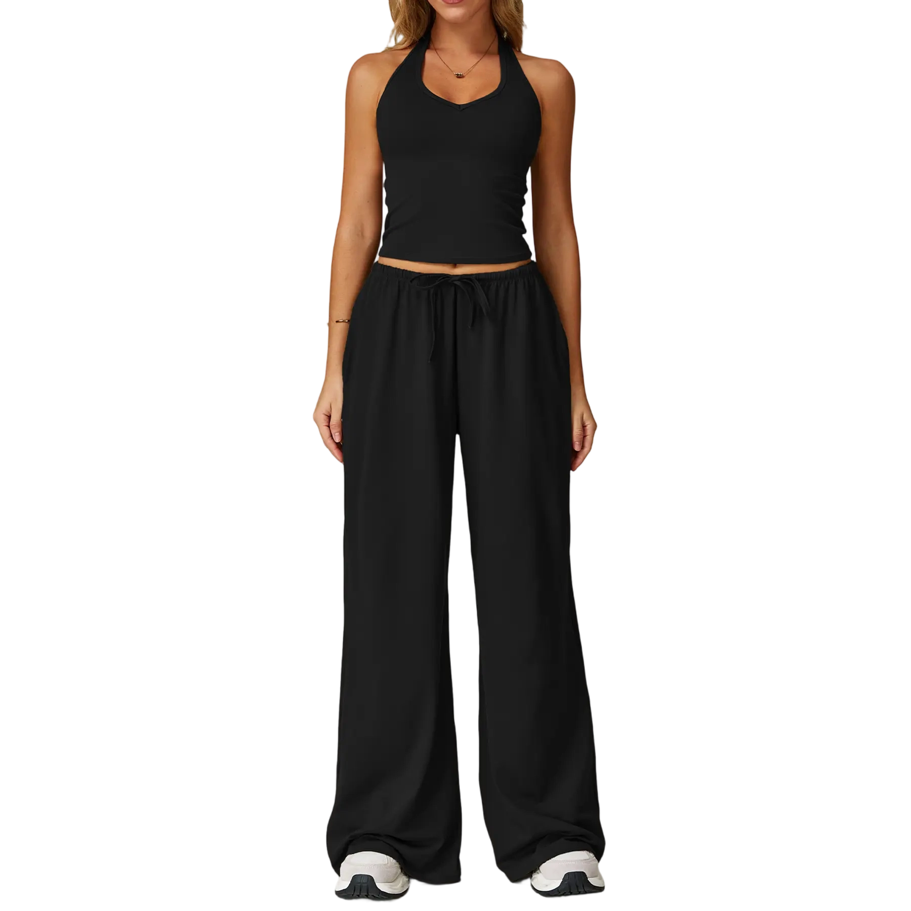 Mother's Day Gifts, Matching Sets Women 2 Piece Sets Summer Casual V Neck Top Wide Leg Pants Womens Holiday Travel Wear Fabric Breathable Summer Casual Clothing Sportswear Gym Sets Casual Loose Long Pant