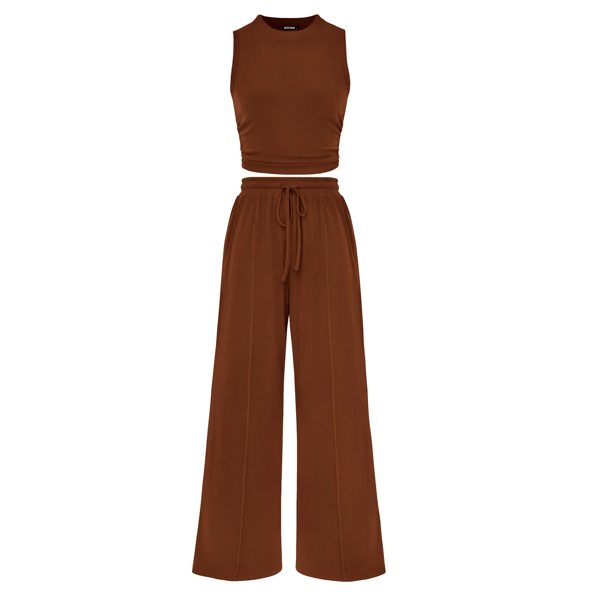 Women's Summer 2-Piece Outfits - Ribbed Knit Crew Neck Sleeveless Cropped Top & Wide Leg Pants Lounge Set