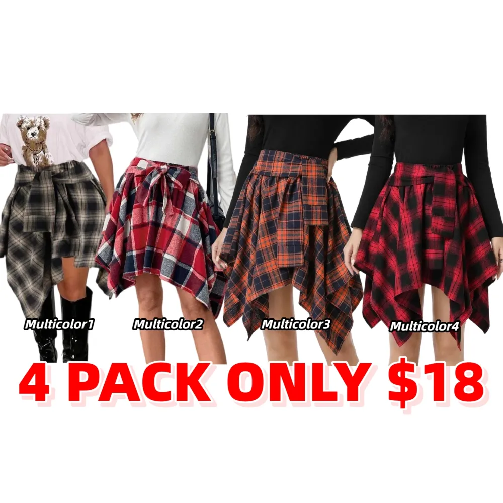 Women's Fashion Plaid Print Asymmetrical Hem High Waisted Skirt