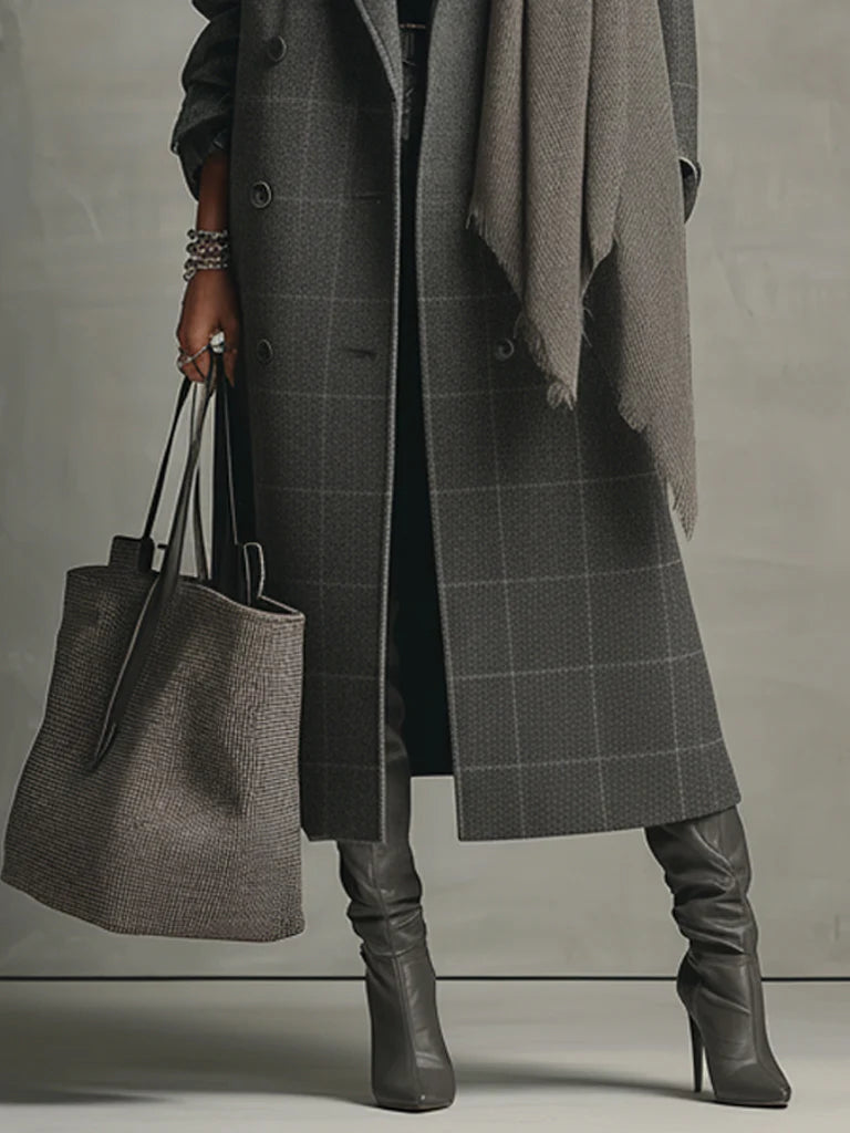 Charcoal Gray Check Double Breasted Wool Blend Coat
