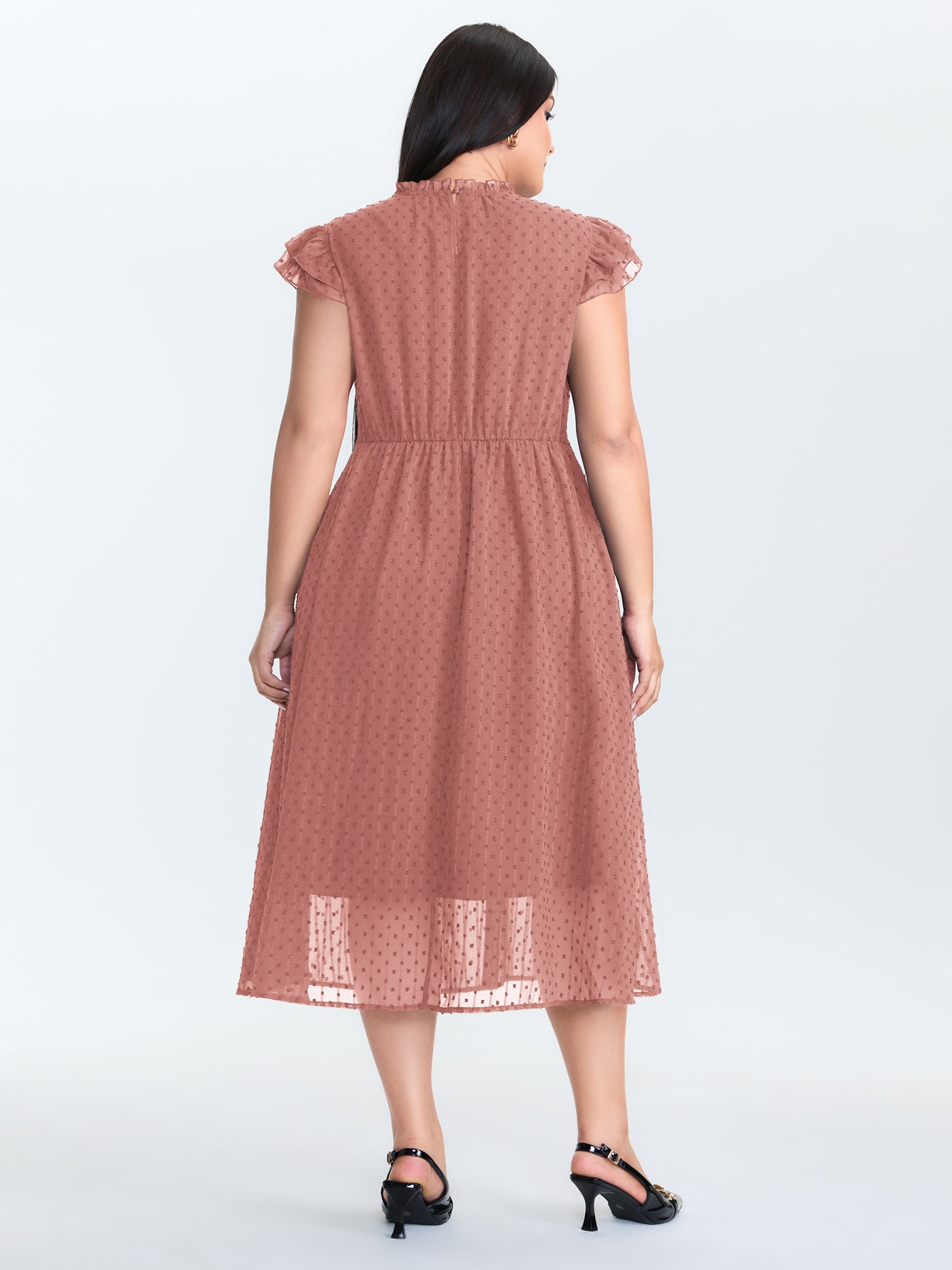 Textured Sheer Ruffled Mock Neckline Midi Dress
