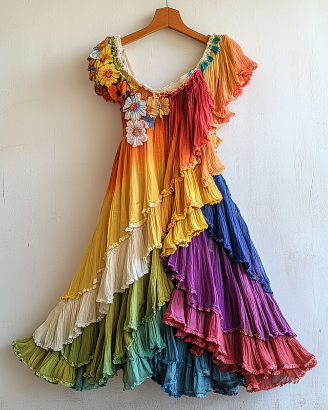 Rainbow Ruffle Daisy Embroidered Irregular Dress 5790