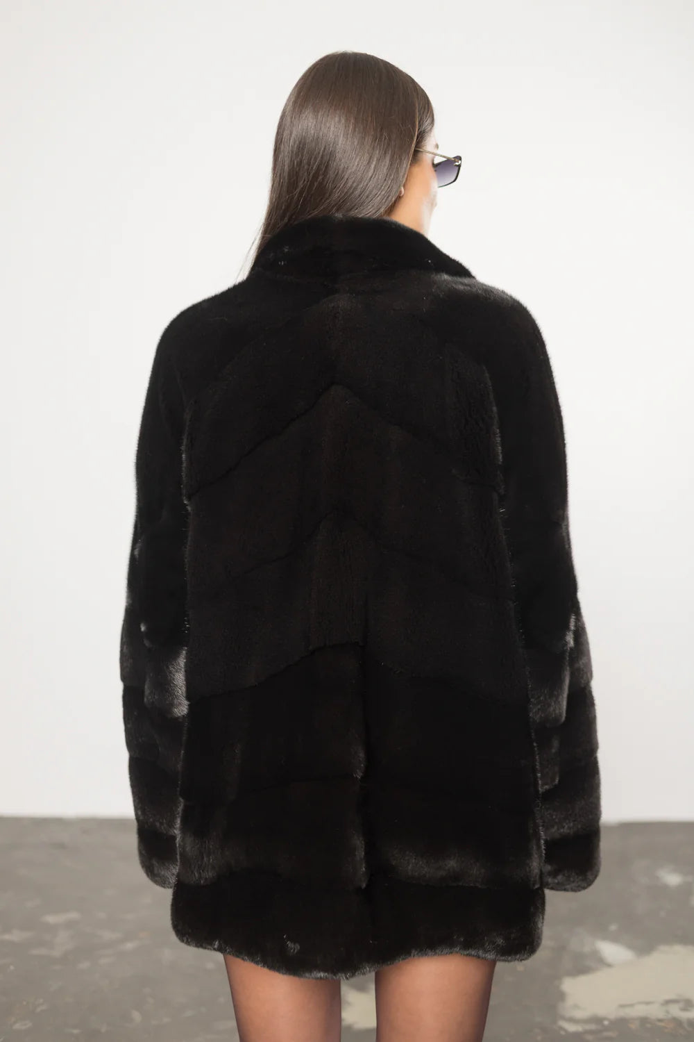 Haină din Blană Naturală de Vizon, Guler Rever, Femei, Diamond Black 415