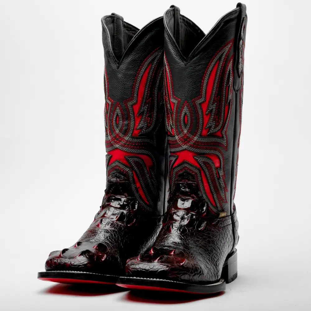 Black Cherry Giant Caiman Neck Leather Boots - Square Toe