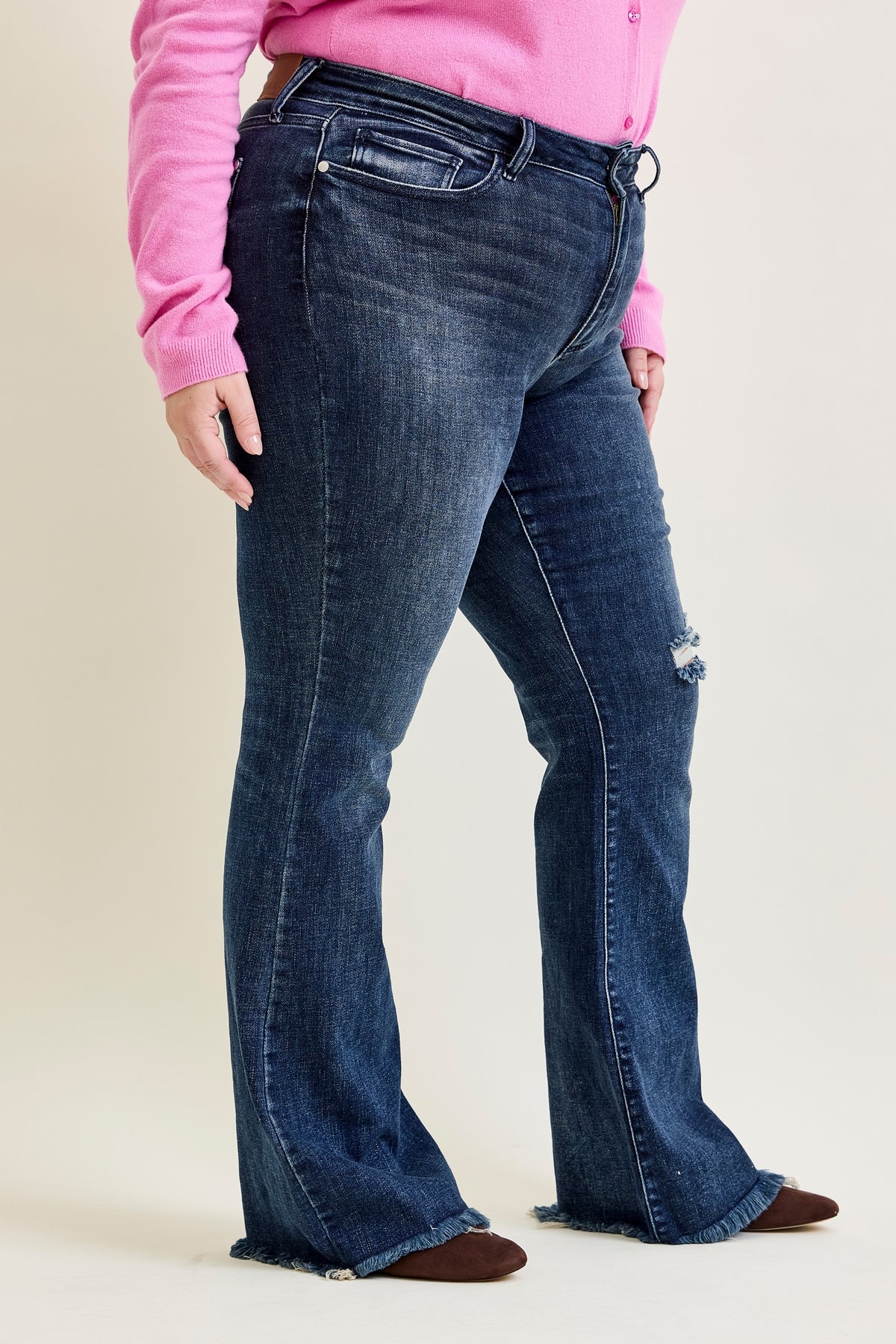 Amanda Mid Rise Flare Jeans with Distressed Knee & Frayed Hem - PLUS